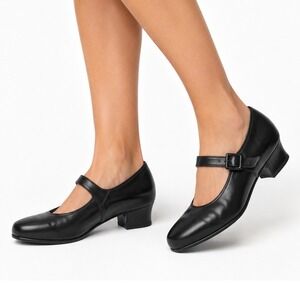 Kumfs Vintage Y2K Black Leather Mary Jane Low Block Dress Heels Women's Size 8
